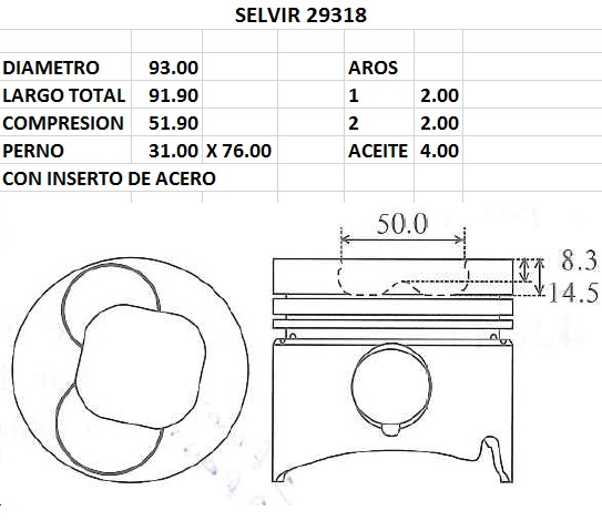 PISTONES 93mm ISUZU 4JB1  STD C/INSERTO EUROSUN
