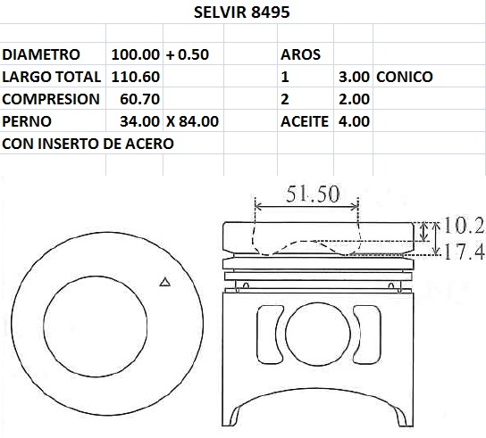 PISTONES 100mm HYUNDAI D4AE 0.50 C/INSER EUROSUN