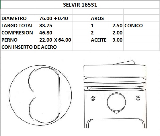 PISTONES 76mm FIAT 1.3 DIESEL 0.40 TIK
